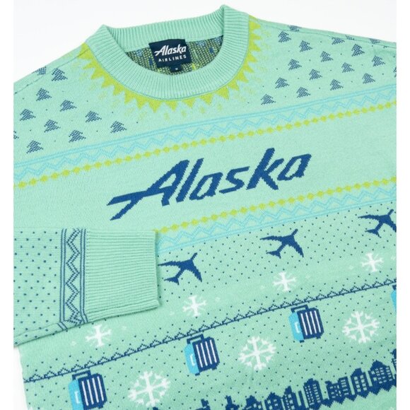 Alaska Airlines Christmas Sweater Adult Medium Blue Green Fair Isle Pilot Ugly - Picture 1 of 11